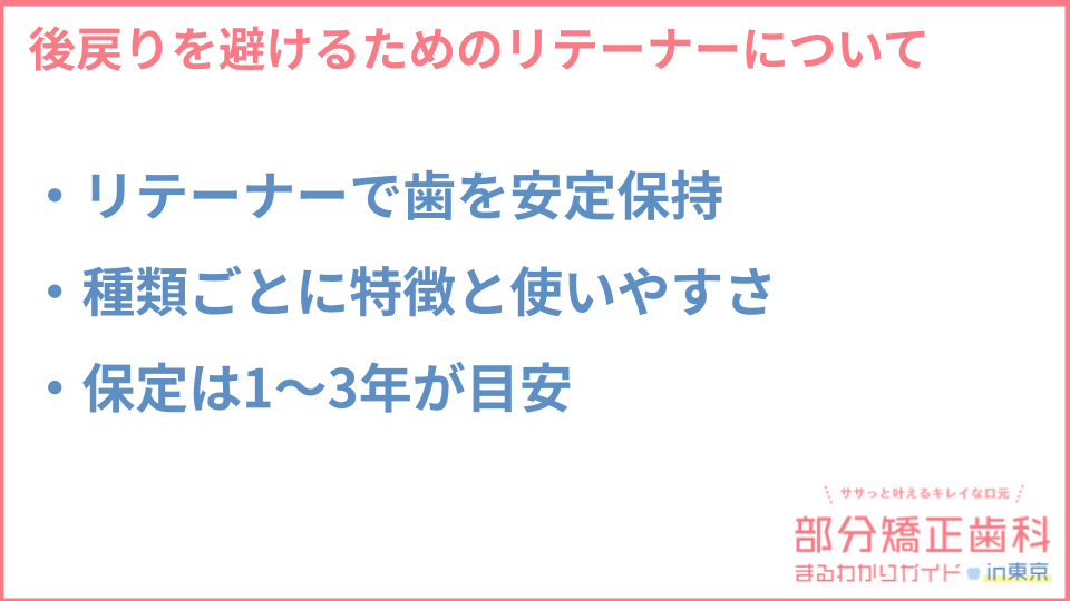 後戻りを避けるためのリテーナーについての説明画像